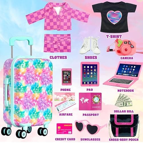 ARTST 18 inch Doll Clothes Accessories Girl Suitcase Luggage Travel Set-Doll Clothing Hat Handbag Sunglasses Camera Computer Passport Cell Phone for Christmas Birthday(NO Doll) thumbnail 4
