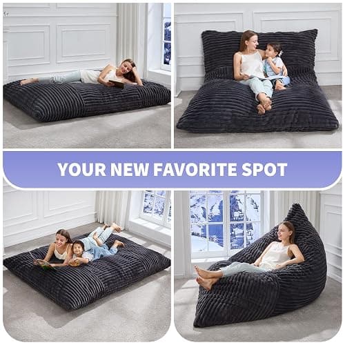 Hobestluk 3 in 1 Bean Bag Chair Giant Bean Bag Chairs Convertible Bean Bag Floor Cushion with Machine Washable Cover, Beanbag Chairs for Adult (Dark Grey) thumbnail 5
