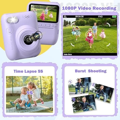 Kids Camera Instant Print, Holiday Birthday Easter Gifts for Girls and Boys 5-7,Video Digital Kid Photo Camera with 3 Rolls Print Paper, Toddler Toys for 3-12 Years Old (Purple) thumbnail 4