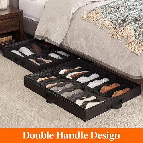 Lifewit Under Bed Shoe Storage Organizer Set of 2, 4.3 Inches Tall Low Profile Fabric Shoes Container Box with Clear Cover, Foldable Storage Bag with 2 Handles, Total Fits 24 Pairs of Shoes, Black thumbnail 5