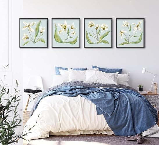 Light Blue White Flower Wall Art Southern Coastal Modern Floral Painting Picture Wall Decor Minimalist Botanical Poster Print Artwork for Living Room Bedroom Bathroom Kitchen Home Decoration Unframed thumbnail 6