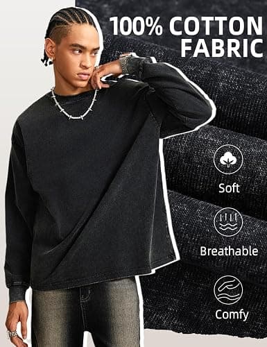 Arssm Mens Oversized T-Shirts Cotton Long Sleeve Tshirts Vintage Acid Wash Baggy Tees thumbnail 6