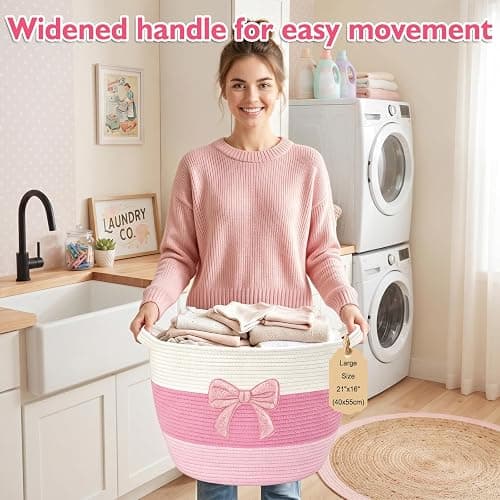 Laundry Basket Hamper for Clothes Blanket Stuffed Animal Storage Kids Pink | Blanket Storage Clothes Hamper Bow Woven Basket with Handles 55L for Girl Cute Aesthetic Room Laundry Nursery Decor Aesthetic thumbnail 2