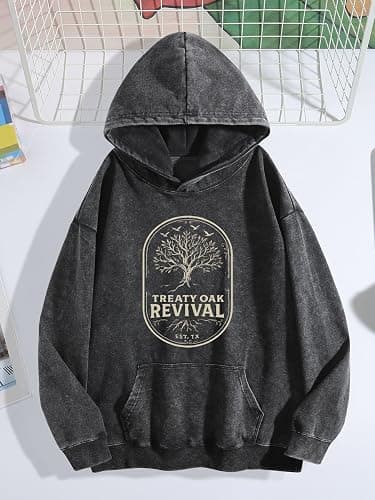 Made in US Treaty Oak Revival Hoodie Men - Acid Wash Distressed Pullover - Vintage Graphic Oversized Streetwear Essential thumbnail 2
