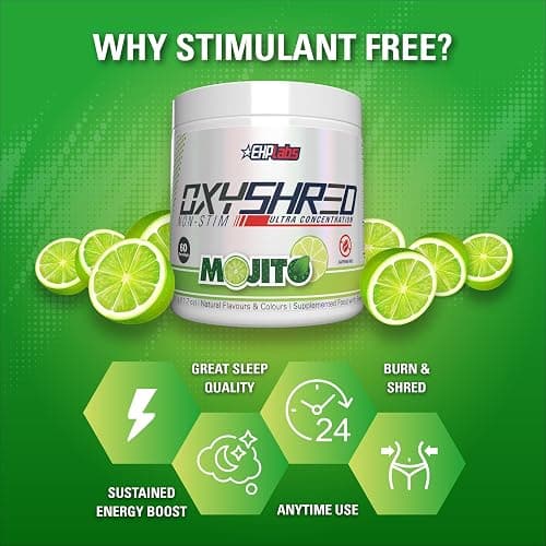 EHP Labs OxyShred Non Stimulant Pre Workout Powder - Stim Free Pre Workout, Caffeine Free Preworkout for Men & Women - Non Stim Preworkout - Sugar Free Energy Powder - Mojito, 60 Servings thumbnail 4
