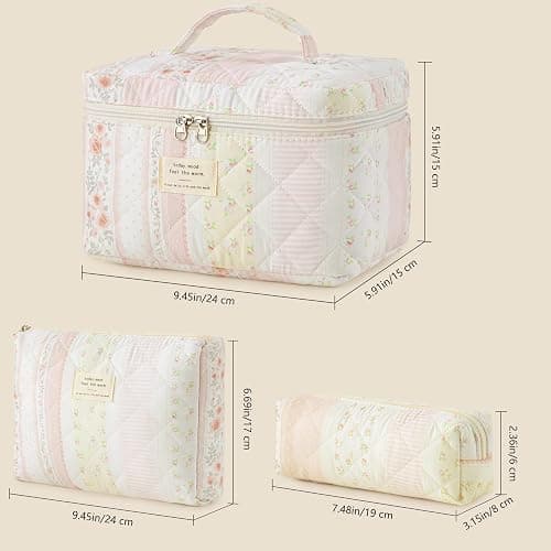 ⭐️HBselect Quilted Makeup Bag, 3Pcs Cotton Large Travel Makeup Bags Organizer | Cute Floral Make up Bag Cosmetic Bag Toiletry Bag for Women Girls, Makeup Pouch for Skincare, Brushes & Travel Essentials thumbnail 6