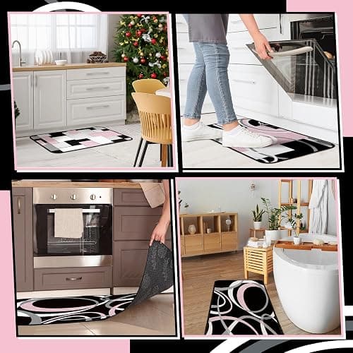 Maasechs 3 Pcs Pink and Black Kitchen Rug and Mat Set Geometric Floor Mat | Non Slip Washable, Modern Abstract Runner Rug, Minimalist Kitchen Decor Accessories for Home Office Bathroom, 17"x29"+17"x47" thumbnail 4