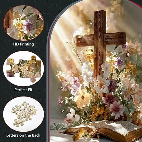Great Jigsaw Puzzles for Adults 300 Pieces Religious Cross with Daisy Flowers Puzzles for Adults Toys Gift Family Decoration Kids Puzzle thumbnail 4