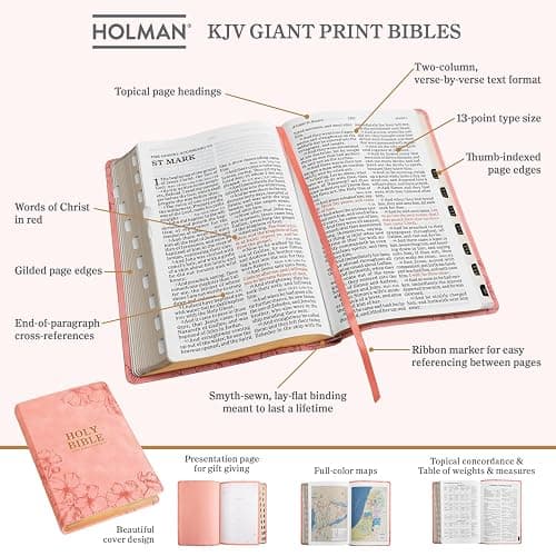 KJV Holy Bible, Giant Print with Cross-References, Soft Pink LeatherTouch with Floral Cover Design, Thumb Index, Ribbon Marker, Red Letter, Full-Color Maps, Easy-to-Read MCM Type, King James Version thumbnail 5