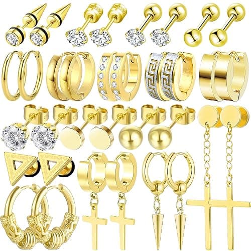 17 Pairs Earrings for Men, Stainless Steel Earrings For Men Sensitive Skin, Fashion Earring Piercing Jewelry Cross Dangle Hoop Earrings Kit Studs Long-lasting Shine - Image 1
