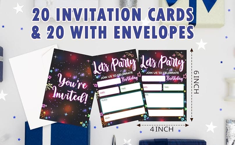 CLIRBE Let's Party Birthday Party Invitations, Glow Neon Invited Birthday Invitations For Teen Boys Girls, 20 Invites Cards With 20 Envelopes, Party Supplies Favors -H16 thumbnail 2