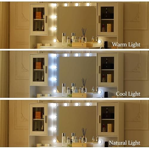 FOREST GRAVITY 58.3'' Large Vanity with Folding Up Mirror and Lights,Makeup Vanity Desk with Mirror and Lights,Outlet, Chair and Two Makeup Organizers,Dressing Table for Bedroom,White thumbnail 3