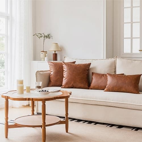 GEGELICA Faux Leather Throw Pillow Covers 18X18 Inch Set of 2 Brown Outdoor Modern Farmhouse Solid Decorative Pillow Covers for Room Couch Living Bedroom Bed Sofa thumbnail 2