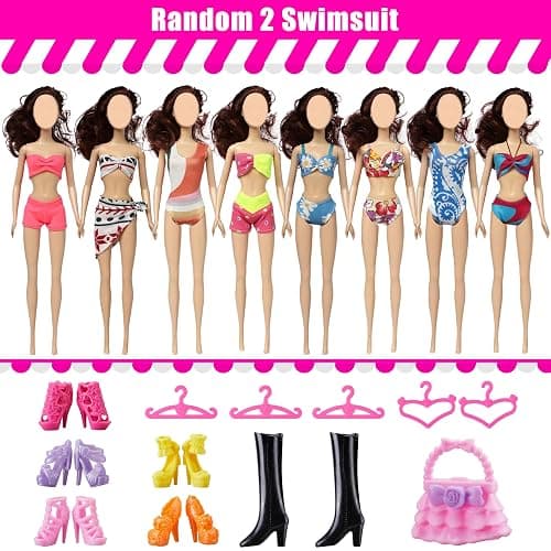 30 Pieces Doll Clothes and Accessories for 11.5 Inch Girl Dolls Outfit Including 5 Tops, 5 Pants, 3 Dresses, 3 Fashionable Dresses, 2 Swimwear, 6 Pairs of Shoes, 1 Bag, 5 Hangers thumbnail 5