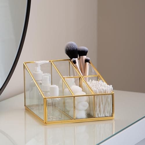 Gold Glass Desktop, Vantity, Make Up Storage Organiser - Dressing Table Top Jewellery Storage 5 Compartment Box - Bedroom - Image 1