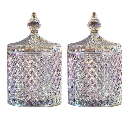 Saim Crystal Glass Jar with Lid, 2 PCS Decorative Candy Dishes 3.4inch Candy Cookie Jars,Buffet Biscuit Containers for Christmas Halloween Wedding Party - Multi-Color - Image 1