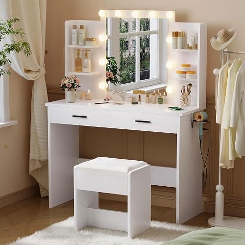 NBYSGO Vanity Desk with Lighted Mirror, Dressing Table Set with 2 Drawers, Power Strip and Stool, 3 Lighting Color Adjustable, Makeup Table for Bedroom - White 010 thumbnail 3