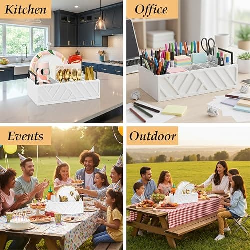 Ihdāt Paper Plate Dispenser, Paper Plate Holder for Kitchen Counter, Wood Rustic Silverware Utensil Caddy, Flatware Organizer with 6 Compartments- Plate Caddy for Picnic and Kitchen (White) thumbnail 5