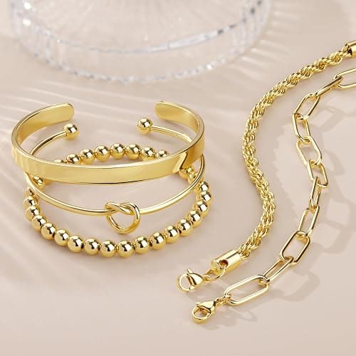 Gokeey Gold Bracelets Set for Women Non Tarnish, Waterproof 14K Gold Plated Sterling Silver Chunky Cuff Bracelet Stackable Gold Bangles Bracelet for Women Trendy Fashion Accessories Tie Knot Cuban Rope Paperclip Beaded Bracelet Stack Jewelry Mothers Day Gifts for Mom Birthday thumbnail 6