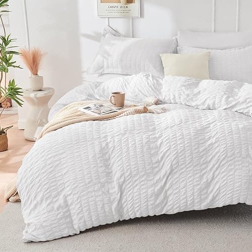 HYMOKEGE White Queen Comforter Set Seersucker 7 Pieces, All Season Luxury Bed in a Bag for Bedroom, Bedding Set with Comforters, Sheets, Pillowcases & Shams thumbnail 2