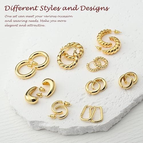 IDJEOABL 9 Pairs Gold/Sterling Silver/Rose Gold Plated Hoop Earrings Set for Women Trendy Chunky Gold Hoops 14K Real Gold Plated Small Huggie Earrings for Sensitive Ears Non Tarnish Gifts Jewelry thumbnail 4