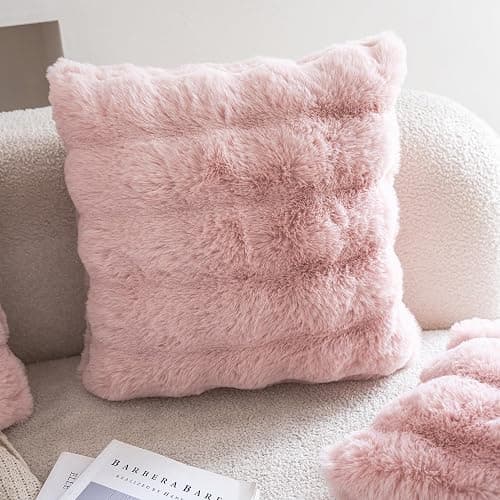 Neelvin Set of 2 Decorative Cushion Covers Thick Plush Wool Pink Throw Pillow Covers 40x40 cm,16x16 Inches Pillowcase Plush fluffy for Couch Livingroom Sofa Bedroom thumbnail 5