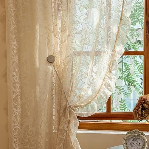 TUDECO Beige Lace Curtains for Bedroom - Floral Sheer Boho Crochet Curtains 63 Inch Length, Natural Ruffle Short Rod Pocket Light Filtering Window Treatment Grandma Core Decor, 59 x 63 Inch - Image 1