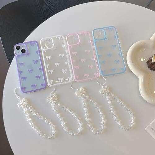EYZUTAK Case for iPhone 15, Clear Cute Ribbon Bowknot Aesthetic Phone Case with Charm Bracelet Chain Raised Camera Protection Stylish Soft Durable TPU Protective Cover for Women Girls - Blue thumbnail 4
