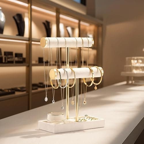 bussdis 2 Tier Bracelet Holder Display - Detachable T Bar Beige Velvet Bracelet Holder, Jewelry Holder Organizer for Bracelet, Necklace, Earrings, Rings thumbnail 6