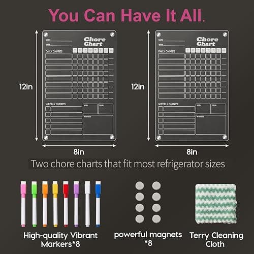 2 pcs Acrylic Magnetic Chore Chart for Kids on Fridge, Chore Board, Dry Erase Chore Chart, 12"x8" Transparent Erasable Reward Chart for Teens and Adults Chore Checklist with 8 Markers and Towel thumbnail 3