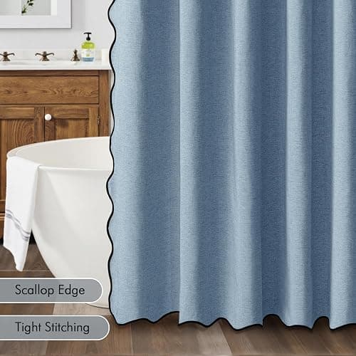 MIULEE Moonlight Blue Scalloped Shower Curtain Linen Textured with 12 Metal Hooks Cute Heavy Duty Washable Waterproof Thick Cloth Shower Curtains with Black Border for Bathroom Hotel Bathtub,W72*L72 thumbnail 5