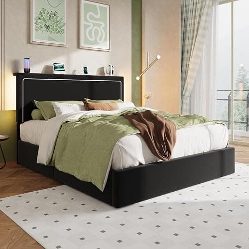 Allewie Full Lift Up Storage Bed Frame with Charging Station, Black | Enclosed Storage, USB & Type-C Charging, Smart LED Lights, Hydraulic Lift, Adjustable Headboard, Velvet Upholstery thumbnail 10