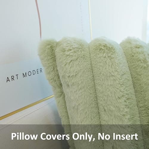 JOJUSIS Pack of 2 Faux Fur Plush Decorative Throw Pillow Covers Couch Cushion Case Soft Fluffy Pillowcases Wide Stripe (Sage Green, 20 x 20 Inch) thumbnail 2
