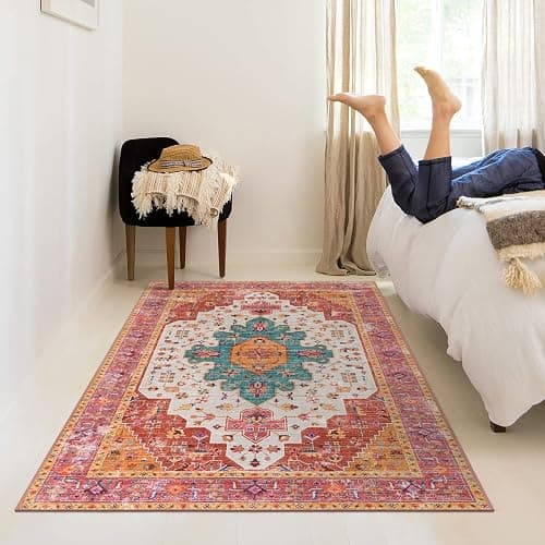 Moynesa Ultra-Thin Washable Vintage Area Rug - 5x7 Large Bedroom Boho Non-Slip Non-Shedding Living Room Mat Oriental Medallion Floor Carpet for Kids Nursery Room Office, Pink/Teal/Multi thumbnail 8