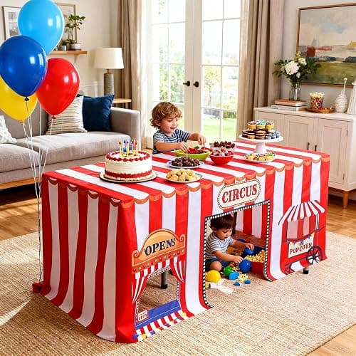 Breling 6 ft Circus Tablecloths Carnival Birthday Party Decorations Popcorn Booth Fitted Tablecloths Fort Tent 72 x 30 Inch Rectangle Washable Polyester Table Cover Party Supplies thumbnail 6