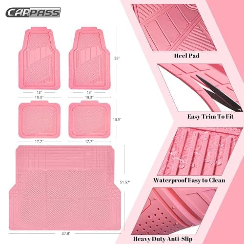 CAR PASS Heavy Duty Rubber Floor Mats Pink Car Mats Full Set with Trunk Cargo Liner - Universal Waterproof Floor Mats for Car SUV Truck, Durable All Weather Liner Mats Automotive Women (All Pink) thumbnail 2