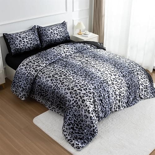 A Nice Night Leopard Printed，Silver Grey Satin Silky Soft Quilt Sexy Luxury Super Soft Microfiber Comforter Quilt Bedding 5PCS Comforter Set, Light Weighted (Silver, Queen(88-by-88-inches)) thumbnail 3