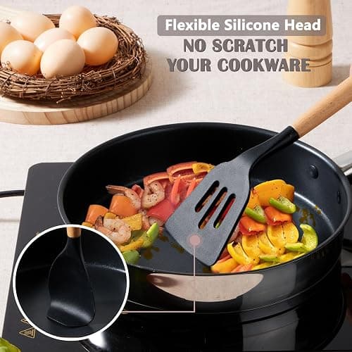 E-far Black Kitchen Utensils Set with Holder, 25-Piece Silicone Cooking Utensil Set with Wooden Handle for Nonstick Cookware, 446°F Heat Resistant Kitchen Tool Spatula Tongs Whisk, Non-toxic & Healthy thumbnail 6