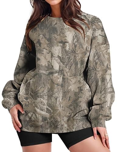 JEIBKOUY Womens Camo Sweatshirt Oversized Graphic Maple Leaf Print Crewneck Long Sleeve Y2k Trendy Fall Pullover Hoodies thumbnail 3
