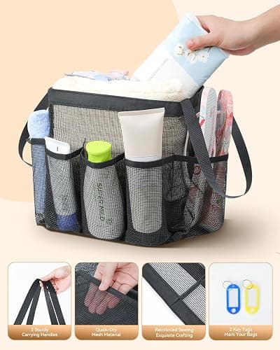 Temede Mesh Shower Caddy Tote, Large Shower Caddy Basket Portable, Quick Dry Hanging Toiletry Bag, 8 Storage Pocket Handle Bath Organizer for College Dorm, Gym, Camp, Travel - Black thumbnail 4