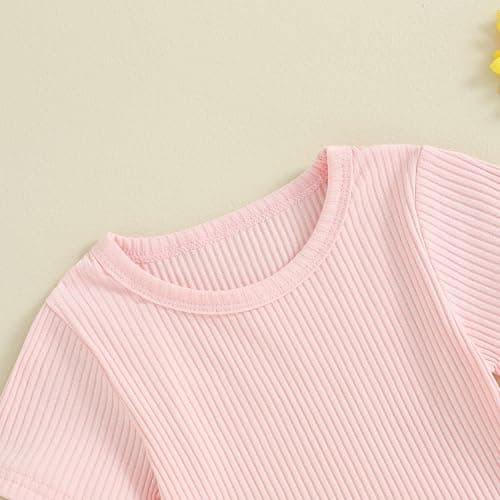 Lucikamy Toddler Baby Girls Summer Outfit Short Sleeve Ribbed Tops + Flower Suspender Overalls Shorts Set Kids Cute Clothes thumbnail 3