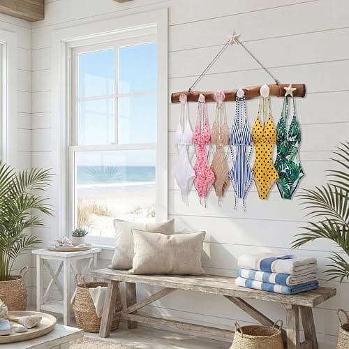 Kathfly 22 Inch Bikini Wall Hook Rack Wooden Beach Seashell Wall Mounted Hook Natural Driftwood Bikini Rack Branch Swimsuit Organizer for Farmhouse Home Bathrooms Hanging Decors thumbnail 4