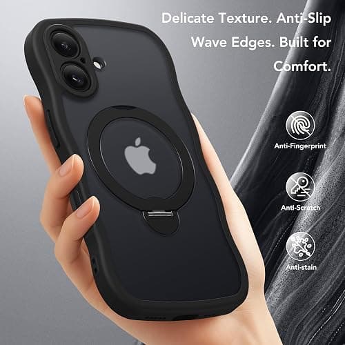 GolbinBox for iPhone 16 Case, [Compatible with Magsafe][360° Spin Magnetic Stand][Military-Grade Protection][Camera Control][Cute Wave Edge] Translucent Matte Women Phone Cover for iPhone 16, Black thumbnail 9