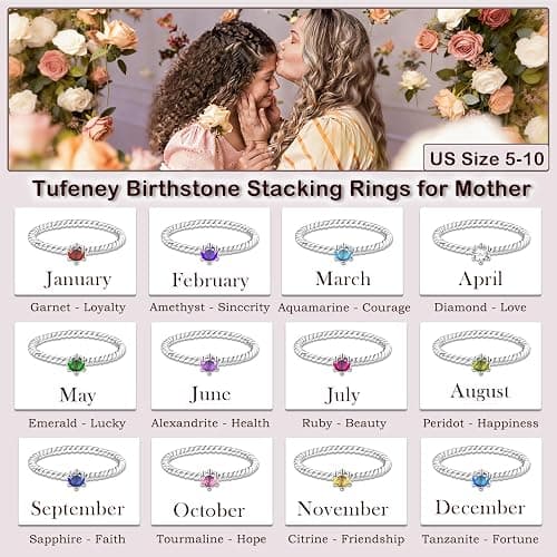 Tufeney Stackable Birthstone Rings Set for Women: 925 Sterling Silver Mother Family Stacking Ring Minimalist Stackable Bands Mother's Day Jewelry Gifts for Wife thumbnail 5