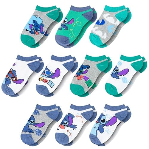 Disney Girls Socks - 10 Pack Crew Socks with Arch Support Featuring Princesses and Lilo & Stitch Designs for Ages 7-14 thumbnail 2