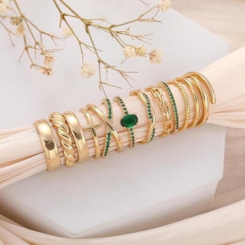 FAXHION 12 PCS Dainty 14K Gold Rings for Women, Eternity Open Chunky Twist Simulated Diamond Criss Cross Designs, Non Tarnish Gold Plated Stacking Thumb Ring, Perfect for Wedding Bands Size 5-11 thumbnail 2