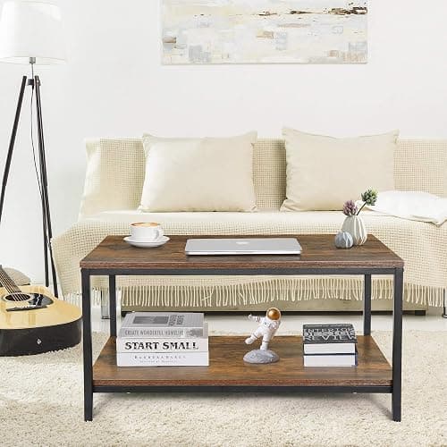 SUPER DEAL 2-Tier Industrial Coffee Table with Storage Shelf for Small Apartment Living Room, Rectangle Wood and Stable Metal TV Stand Side End Table, Rustic Brown thumbnail 9