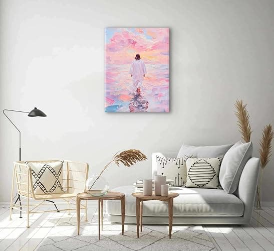 Jesus Canvas Wall Art Pink Jesus Walks on Water Canvas Paintings Prints Religious Savior Wall Decor Christian Bible Stories Poster printing Artwork for Living Room Bedroom Church Decoration 12x16in thumbnail 7