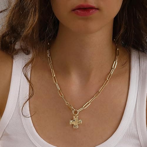 Bheop Chunky Cross Necklace for Women Trendy Gold Silver Layered Statement Cross Pendant Charm Necklace Vintage Paperclip Herringbone Snake Choker Chain Costume Jewelry Set Gift Non Tarnish thumbnail 3