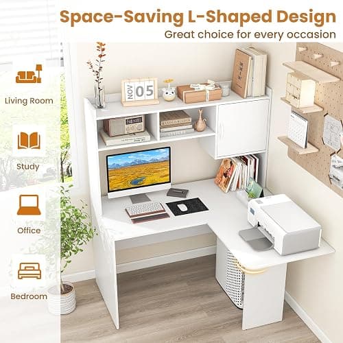Giantex L Shaped Desk with Hutch, White Corner Desk with Storage Shelf & Cabinet, Laptop PC Table Gaming Computer Table Workstation, Modern Executive Study Writing Desk for Home Office, Bedroom thumbnail 6